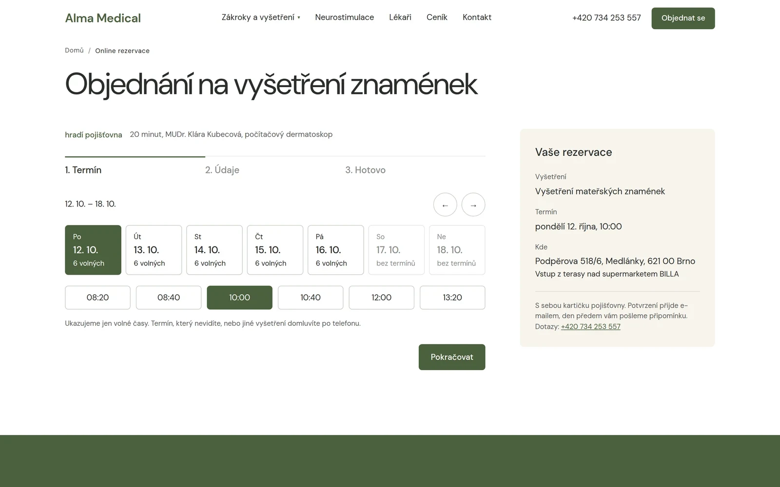 Alma Medical – výběr termínu online rezervace