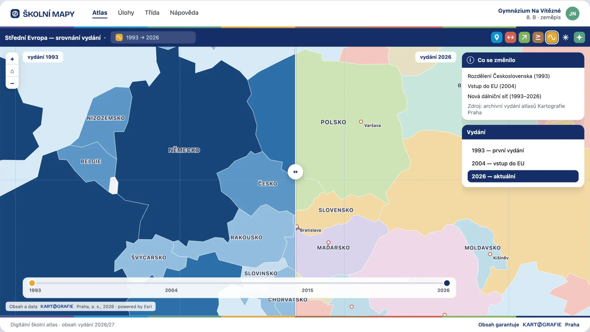 Srovnání vydání atlasu z roku 1993 a 2026 posuvníkem