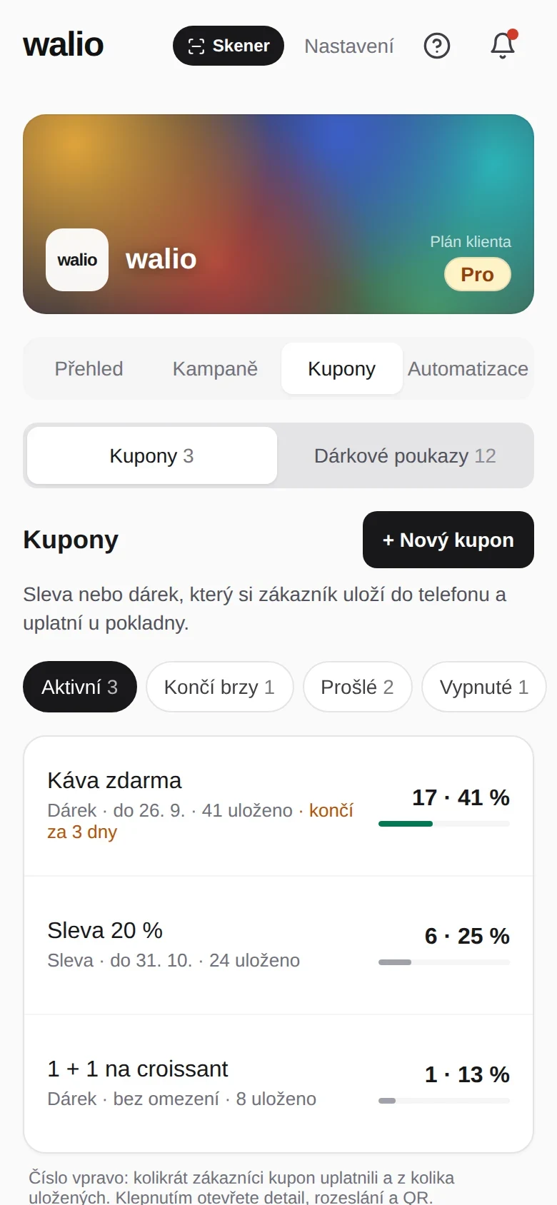 Přehled kuponů v portálu Walio